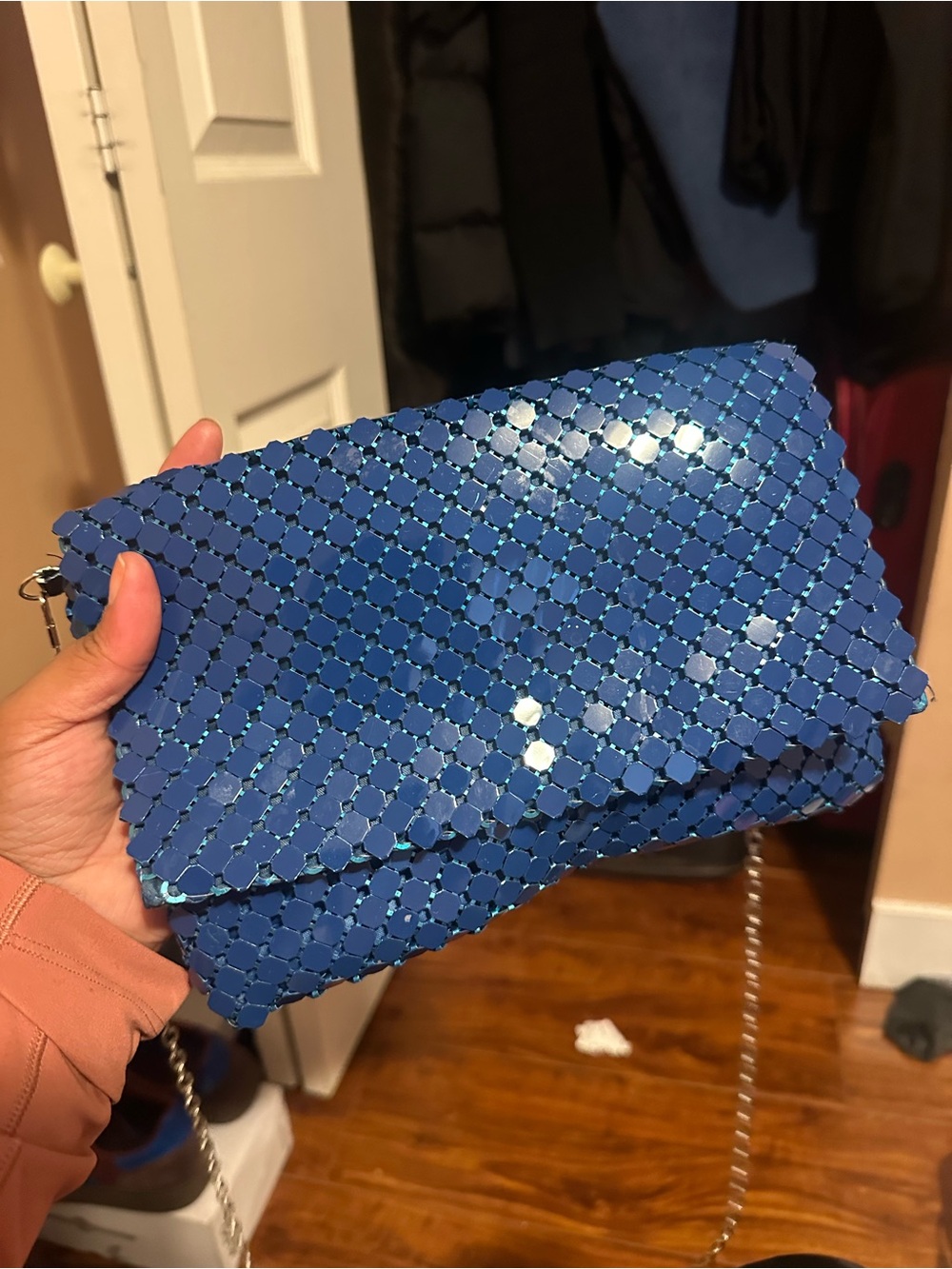 Blue Metallic Mesh Envelope Clutch with Chain